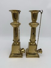 2 EUC Vintage Brass Candle Sticks Square Base with Snuffer Hooks And Snuffer picture