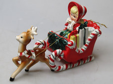 VTG Ceramic Lefton Candy Cane Shopper Girl In Sleigh Reindeer Christmas Ornament picture