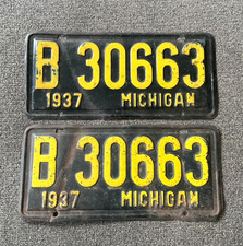 RARE 1937 MICHIGAN LICENSE PLATE PLATES PAIR ALL ORIGINAL WITH WEAR CHEVY FORD picture