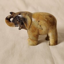 Vintage Hand Carved Soapstone Elephant Figurine Trunk Up Lucky Stone Statue picture