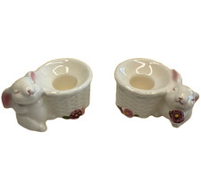 Vintage Avon Easter Bunny & Woven Basket Ceramic Candle Stick Holder Set of 2 picture