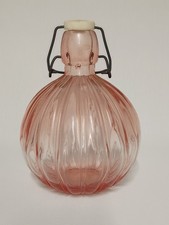 Vintage Pink Glass Depression Bulbous Decanter Bottle with Wire Bail Rubber Seal picture