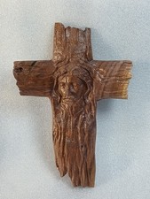 Handcrafted Walnut Rustic Cross with Jesus Face 3D carved Wood Veteran Made picture