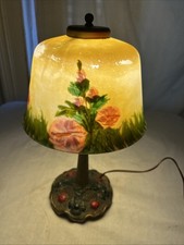 ALADDIN BOUDOIR LAMP with Hammered Arts & Crafts Base & REVERSE PAINTED LILIES picture