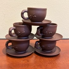 Yixing Zisha Clay Pottery Handmade Exquisite Tea Cups W/ Saucers Set Of 5 picture