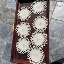 7~Vtg 1960-70s Handmade Doilies Embroidered Linen Coasters Crochet Lace Border picture