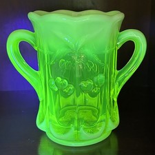 Mosser Vaseline Glass Topaz Opalescent Spooner In Cherry Thumbprint Uranium Glow picture