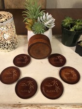 Vintage Hawaiian Wooden Coasters Set of 6 + Holder “Aloha” Palm Trees Souvenir picture