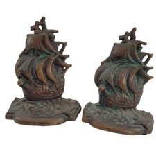 Vintage English Galleons Bronze Heavy Metal Pair of Signed Bookends picture