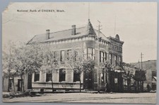 1913 National Bank Cheney WA Postcard Trolley Tracks Streetcar picture