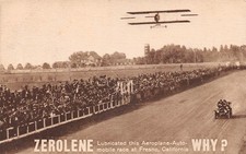 Zerolene Standard Oil Company Car Racing Biplane Fresno CA c1910 Postcard picture