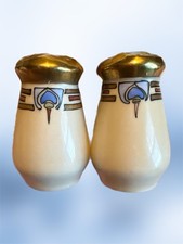 Signed M Cook Art Deco Luster Ware Salt & Pepper Shakers with Gold Tops picture