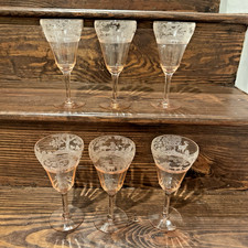 Rare Tiffin Deerwood Pink Wine Glasses Set of 6 Etched Deer Trees Buck Excellent picture