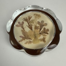 Vintage Dried Flower Glass Paperweight 3.5” Scalloped Edge Resin Floral picture