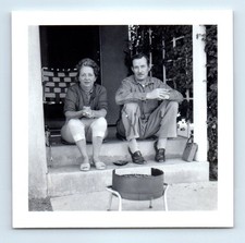 Old Vintage Square Photo MAN WOMAN COUPLE BY OUTDOOR GRILL SNAPSHOT PICTURE picture