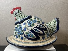 Rare Unikat Hand Painted Polish Pottery Dish W/ Hen Cover  Signed By The Artist picture