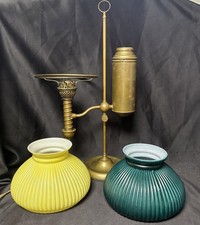 Antique Student Oil Lamp Brass Electrified w 2 Shades Cased Green Yellow Works picture