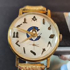 Waltham Signed Masonic Freemason Wristwatch Gold Tone Swiss 550X-41 picture