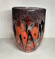 VTG Souffle A La Bouche  Vase Red Poppies Blown Glass Murano Art Deco Style picture