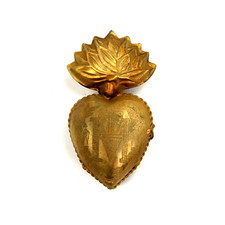 3.25in Sacred Heart Ex Voto Locket Ornament, Antiqued Gold Milagro picture