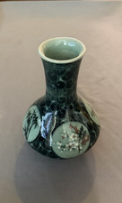 NICE SIGNED KOREAN CELADON VASE WITH FLORAL MEDALLIONS picture