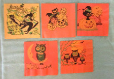 Vtg Lot of 5 Halloween Crepe Paper Napkins Owls Black Cats Witch Jack-O-Lantern picture