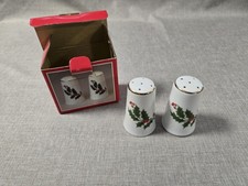 Vintage Porcelain Ware Holly Christmas Salt & Pepper Shakers Gold Trim Japan picture
