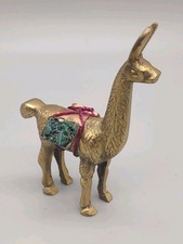 Vintage brass llama figurine W/Turquoise Stones Baskets. Appx. 3.25 inches Tall. picture