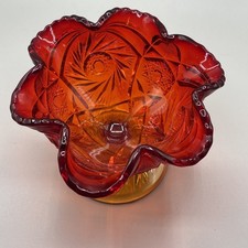 Vintage Amberina Glass Pedestal Compote Ruffled Candy Dish picture