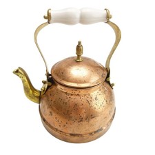 Vintage Copper Tea Kettle Brass White Ceramic Handle Grip Rustic Farmhouse Pots picture