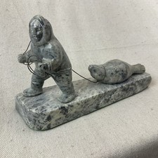 Vintage Canadian Eskimo Inuit Carved Stone with Seal  Signed 7.5