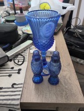VINTAGE BLUE AVON GEORGE & MARTHA WASHINGTON GOBLET + Salt & Pepper Shakers picture
