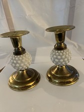 Vintage Brass and Hobnail Milk Glass Candlesticks, 5” Tall picture