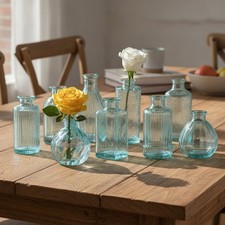 Bud Vases Set of 12, Blue Glass Vase Small Vintage Flower Vase for Decor Ribbed picture