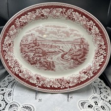 Homer Laughlin Currier/Ives  13.5” Platter Red Transferware Niagra Falls Bridge picture
