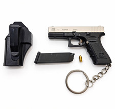 Glock 17 Black Silver Mini All Metal Keychain Replica w/Belt Clip Holster Ring picture