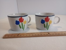 Newcor Stoneware Japanese Coffee Mugs 2 W/ Bold Abstract TULIP TYME Vintage  picture