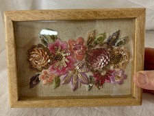 Hand-Embroidered Sequin & Bead Floral Design Mounted onto Wooden Box, 5 X 7 picture