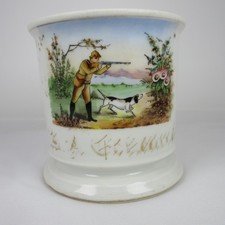 ANTIQUE OCCUPATIONAL BARBER SHOP SHAVING MUG BIRD DOG SHOTGUN HUNTER 3 7/8