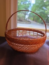 Vtg Asian Bamboo Basket Handwoven Hexagon Weave Handle Japanese Chinese Style 9” picture