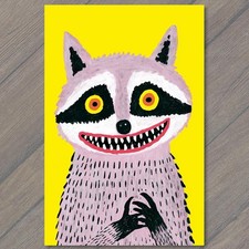 POSTCARD Creepy Raccoon Yellow Background Weird Surreal Dark Strange Fantasy Odd picture