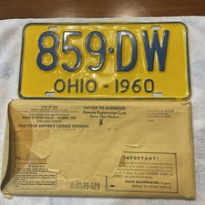 1960 Ohio License Plate 859-DW Classic Car Plate-Yellow-NICE picture