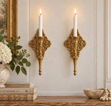 Pair Of VTG Antique Gold Iron Taper Candle Wall Sconces Hollywood Regency 10.5” picture