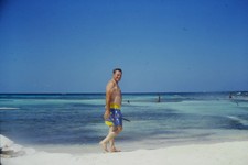 1970s Unknown 35mm Slide Man Snorkel Polka Dot Swim Trunks Beach Ocean picture