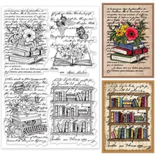 INFUNLY Vintage 8.3 inches x 11.7 inches, Books and Plants Clear Stamp picture