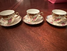 Vintage Royal Sealy Iridescent Bone China Set of 3 Cups and Saucers Gold Trim picture