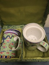 Chinese Porcelain Tea Mug Set of 2 Green Imperial Dragon Strainer Lid Gift Box picture