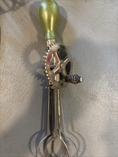 Vintage 1923 A&J Green Wood Handle Egg Beater Hand Held Mixer Kitchen Utensil picture
