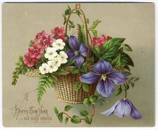 Victorian NEW YEAR Greeting Card Hanging BASKET OF FLOWERS Bouquet 1880's picture