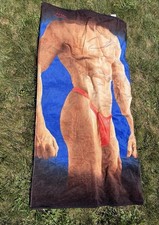 Vintage 90s Novelty Beach Towel bachelorette Gay Muscle Man Red Thong Aruba picture